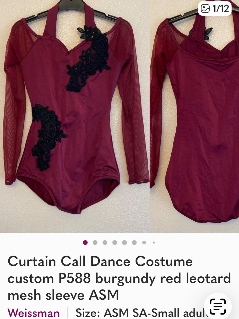 Weissman Burgundy Long-Sleeve Mesh Bodysuit with Black AppliquΓ©